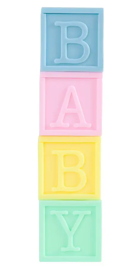 Stack of colorful baby blocks spelling the word BABY