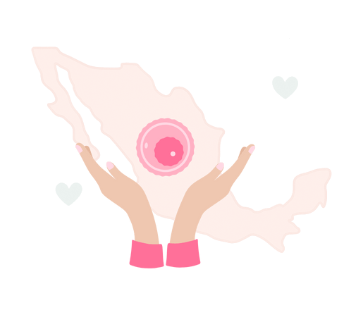 Illustration of two hands holding a pink embryo above a map of Mexico, symbolizing egg donation in Mexico, with decorative heart elements.