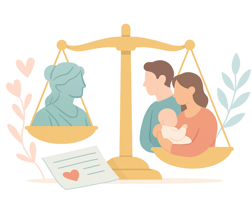 Flat-style illustration showing a legal advisor and intended parents discussing surrogacy rights in Mexico.