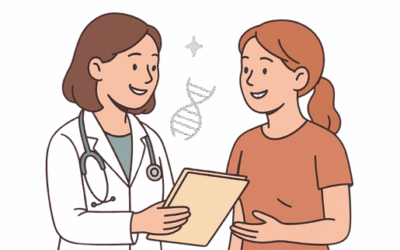 Illustration of a smiling female doctor showing a report to a happy young egg donor, with a DNA icon in the background. Flat-style vector on a white background.