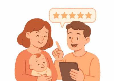 Happy family leaving a five-star review after their surrogacy journey