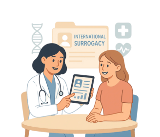 Female doctor explaining international surrogacy options to a patient with a digital tablet, in a flat medical illustration